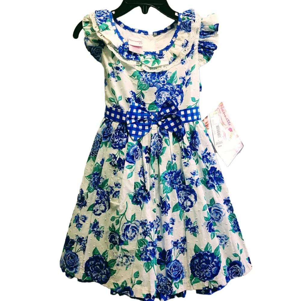 NWT NANNETTE GIRL BLUE/WHITE FLORAL POLY/COTTON PETTICOAT FLUTTER SLEEVE DRESS 5 - Picture 1 of 13